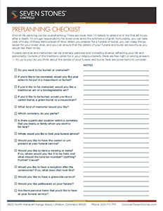 Funeral and Burial Preplanning Checklist from Seven Stones Cemetery near Denver www.discoversevenstones.com